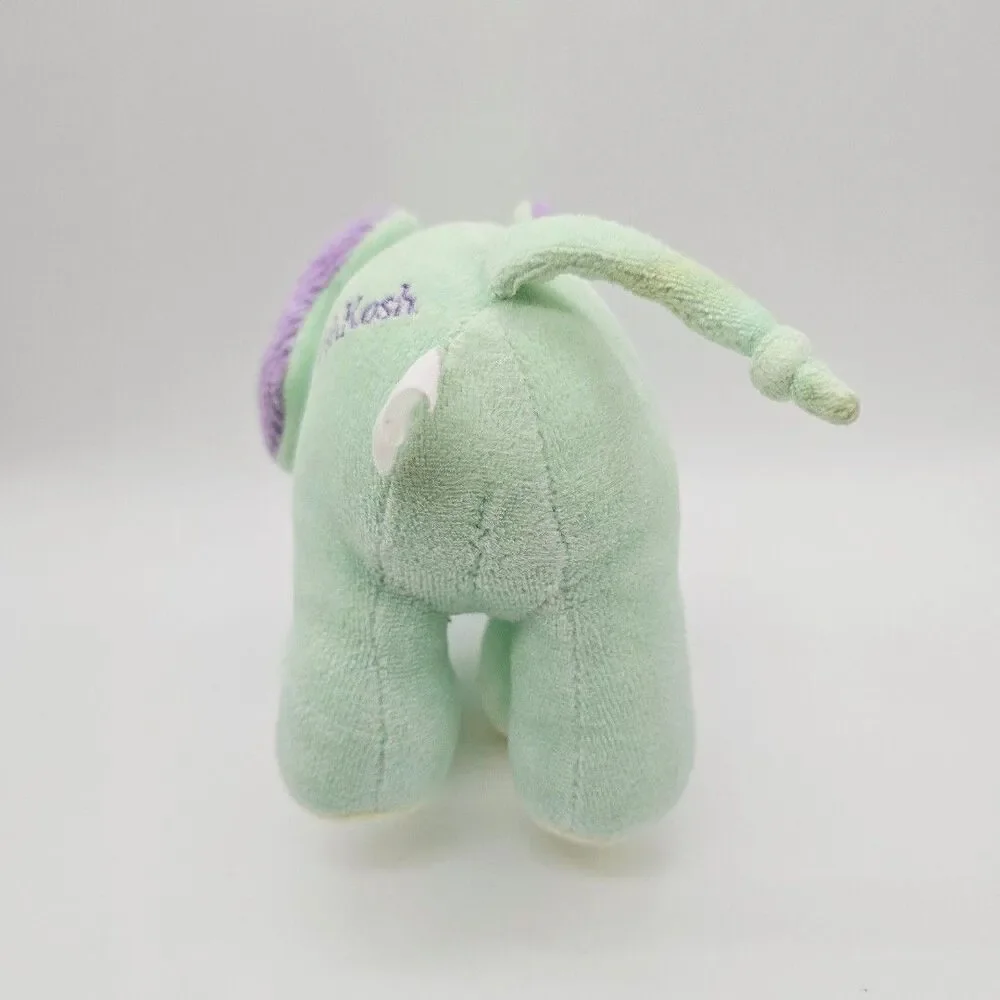 Oshkosh Vtg Green Elephant Baby Plush Toy Rattle Purple Crinkle Ears